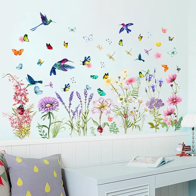 Garden Flower Wall Decals Window Clings, Narcissus Iris Florals Window Decals Peel and Stick, Green Leaves Wall Vinyl Decal, Butterfly Bouquet Wall Art Decor for Girls Bedroom Window Doors