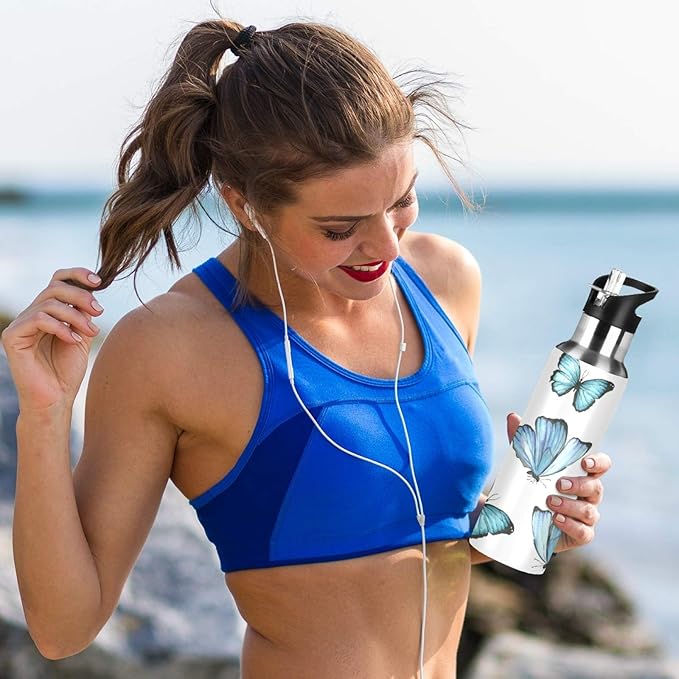 Qilmy Black and White Leopard Water Bottle Vacuum Insulated Stainless Steel Water Bottles with Straw Lid Leakproof Wide Mouth Water Flask for Fitness Outdoor Sports, 20 oz