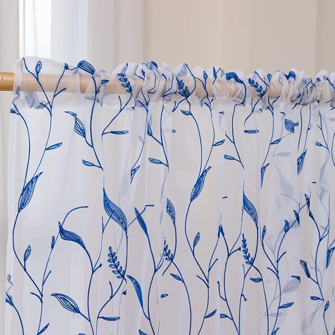 Windows Sheer Curtains Embroider Blue Leaf 90 Inches Length 2 Panels Voile Light Filtering Sheer Curtains Panel Basic Rod Pocket for Bedroom Living Room Children Room