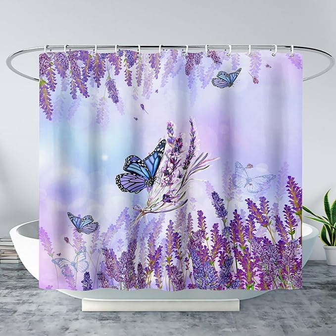 AILONEN Flying Butterfly Shower Curtain for Girl Women,Purple Lavender Flower Butterfly Floral Decor Bath Curtain 36" W*72" H Polyester Fabric Waterproof Bathroom Bathtub Curtain with 12 Hooks