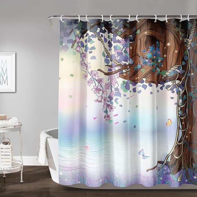 AILONEN Purple Tree Leaves Shower Curtain,Botanical Floral Plants Vine Shower Curtain,Butterfly Floral Shower Curtain for Bathroom Decor Polyester Waterproof with Grommets and Hooks 60" W*72" H