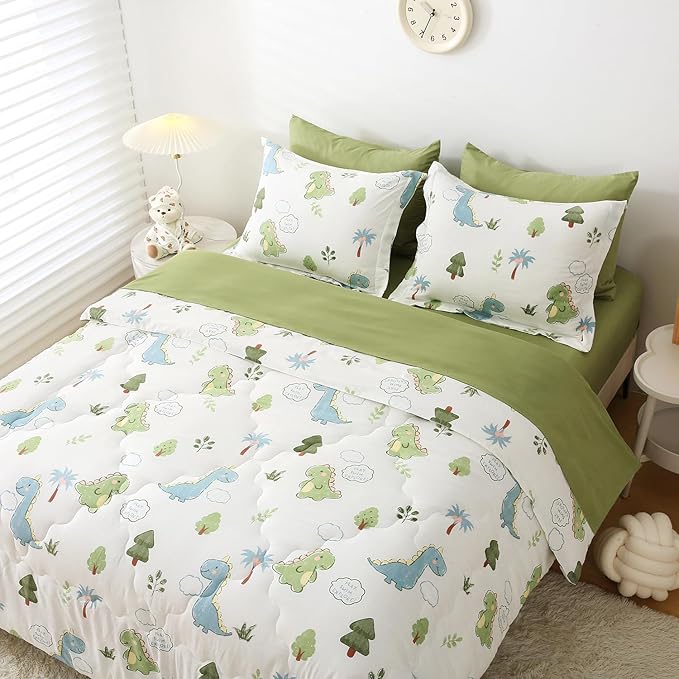 Wajade Kids Dinosaurs Comforter Set Bed in A Bag Twin Size 7 Piece Cute Green Dinosaur Jungle Bedding Set for Girls Boys (1 Comforter, 1 Flat Sheet, 1 Fitted Sheet, 2 Pillowcase and 2 Pillow Sham)