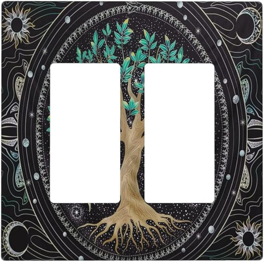 Tree of Life Blackground 2 Gang Rocker Decora Light Switch Cover Decorative Hippie Sun Moon Star Outlet Covers Wall Plate Electrical Faceplate Switchcovers GFCI for Bathroom Bedroom Livingroom Decor
