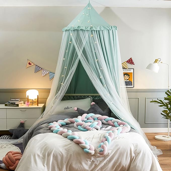 VETHIN Bed Canopy for Kids with Lights,Double Layer Princess Round Dome Children Dreamy Mosquito Net Bedding Girls Room Castle Play Tent Hanging House Decor Reading Nook Canopies(Green/White)