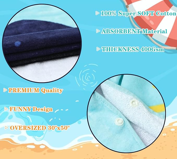 Kids Bath and Beach Soft Cotton Terry Hooded Towel Wrap, 30" x 50", Happy Shark