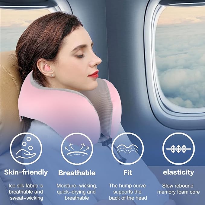 Travel Neck Pillow, Curved Ergonomic Design, Ice Silk Fabric is Comfortable and Breathable, The Pillowcase is Removable. Comes with Portable Storage Bag and Ear Plugs (Pink)