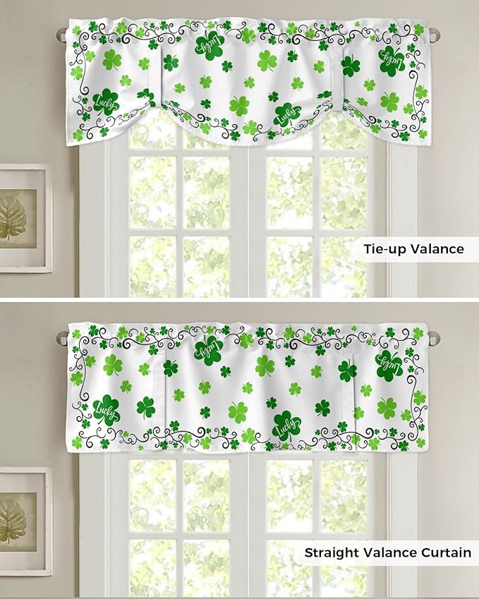 St. Patrick's Day Blackout Tie Up Valance Curtains for Kitchen Windows Green Shamrock Irish Clover Window Toppers Balloon Shades for Living Room/Bathroom/Bedroom,1 Panel, 54" X 18", Spring Holiday
