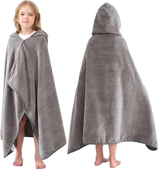 Hiturbo Kids Hooded Bath Towel: 100% Cotton Soft Thick Absorbent Towels Wrap - 50"x30" Shower Beach Pool Wearable Blanket for 3-12 Yrs Boys Girls - Gray