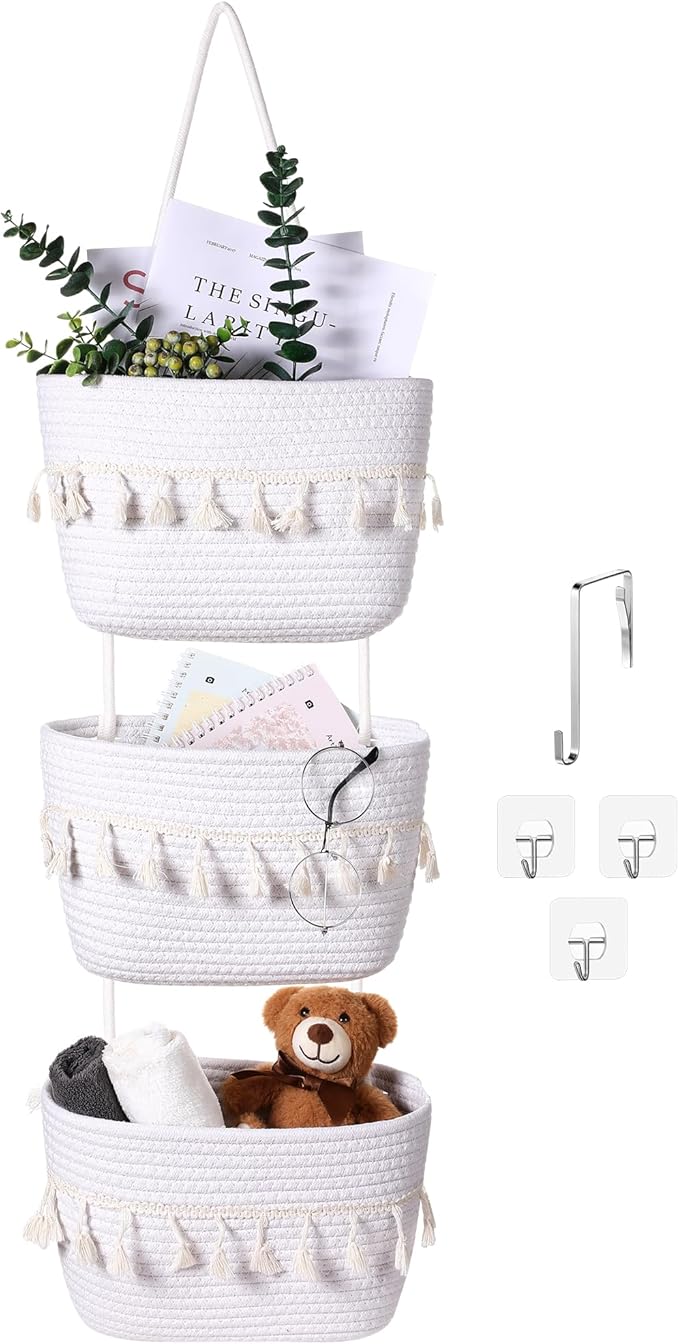 Over the Door Hanging Basket Boho Woven Wall Hanging Baskets 3-Tier Cotton Wall Mounted Storage Organizer Bag Macrame Decorative Hanging Baskets for Kitchen Laundry Room Stairs(White)