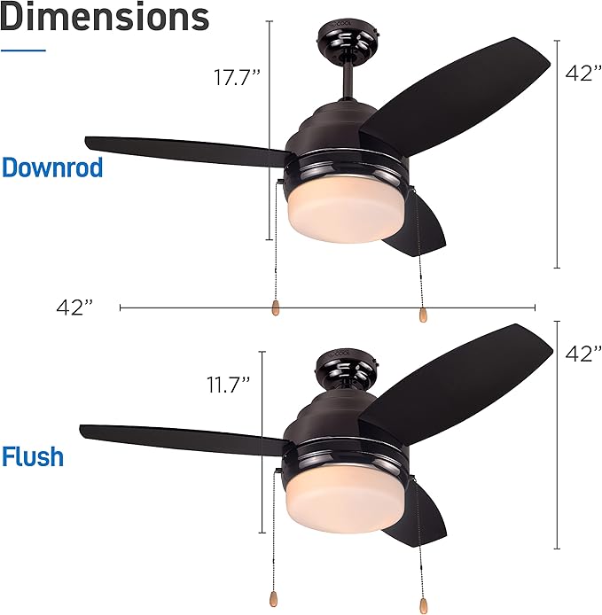 COMMERCIAL COOL 42” Modern Ceiling Fan with Lights, Cools up to 175 Sq. Ft.,Ideal for Medium Sized Rooms,Featuring 3 Air Flow Speeds with Dual Chain,3 Reversible Dual Finish Blades in Black & Graphite