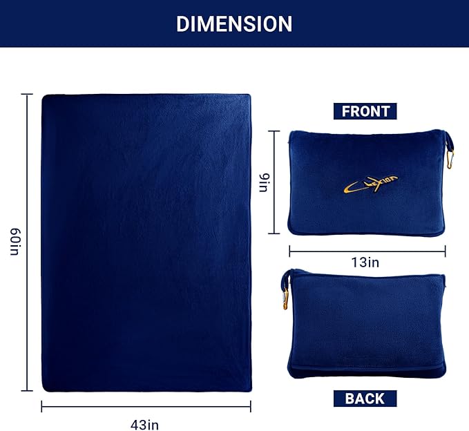 3 in 1 Travel Pillow and Blanket Set, Premium Soft 300 GSM Thick Airplane Blanket Compact with Bag for Long Trips Essentials, Hand Luggage Sleeve and Backpack Clip (Navy)