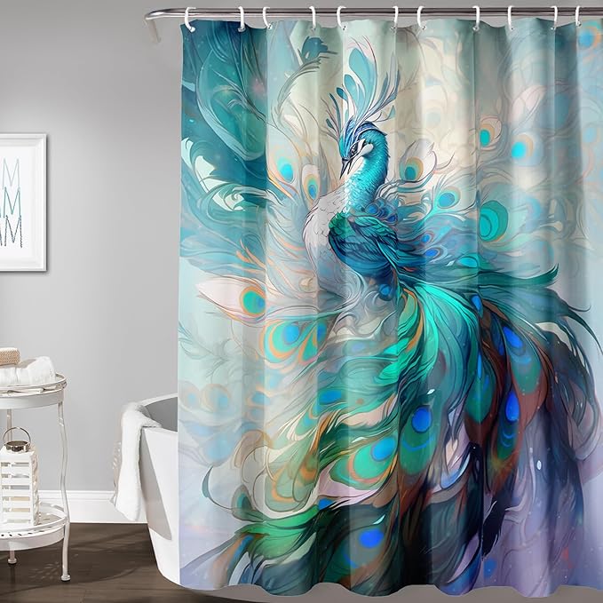 AILONEN Peacock Shower Curtain, Green Bird Shower Curtain for Bathroom Decor,Beautiful Bird Peacock Bath Curtain for Girls Women Fresh Nature Waterproof Curtains Sets 36" W*72" H
