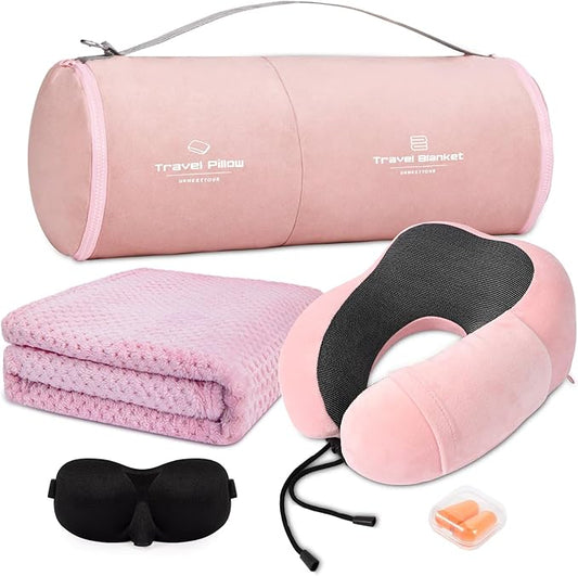Travel Pillow and Blanket Set Neck Pillows Soft Blankets with Sleep Mask Travel Essentials for Airplane Car Memory Foam Pink