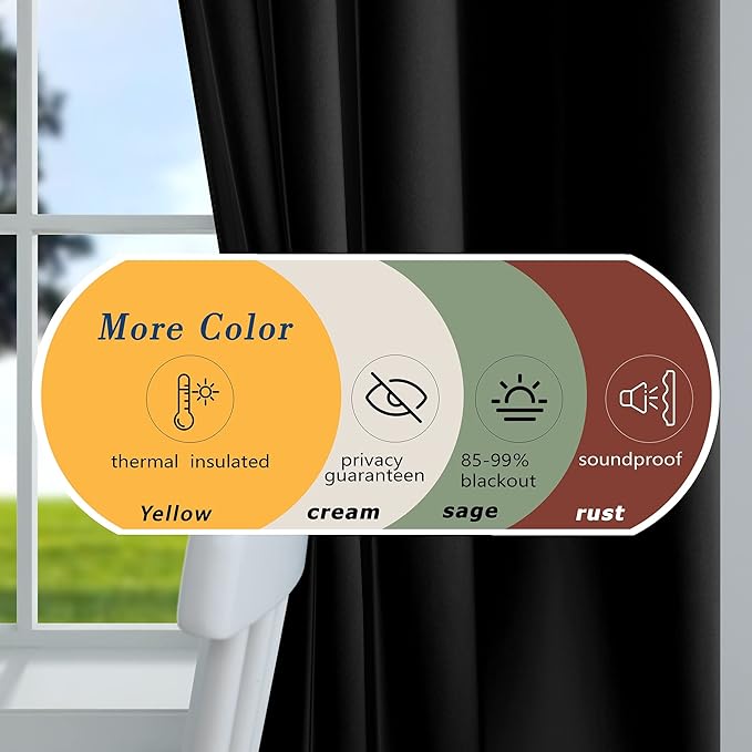 Mrs.Naturall Dark Curtains for Bedroom Windows,Thermal Insulated 100% Blackout Curtain Panels,63 Inch Length,2 Panels Set,Black