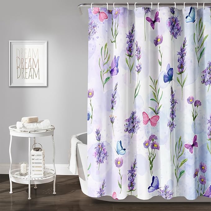 AILONEN Purple Flower Butterfly Shower Curtain 72" W*84" H,Spring Floral Girls Bathroom Decor,Modern Tie Dye Watercolor Butterfly Bath Curtain Polyester Waterproof Bathroom Curtain with Hooks