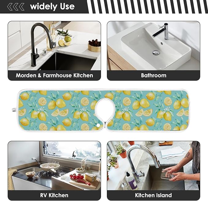 Lemon Turquoise Faucet Water Catcher Mat 2 Pack Flowers Leaves Summer Drying Mat Absorbent Bathroom Faucet Handle Drip Catcher Tray Bar RV Kitchen Sink Splash Guard 14x5 Inches