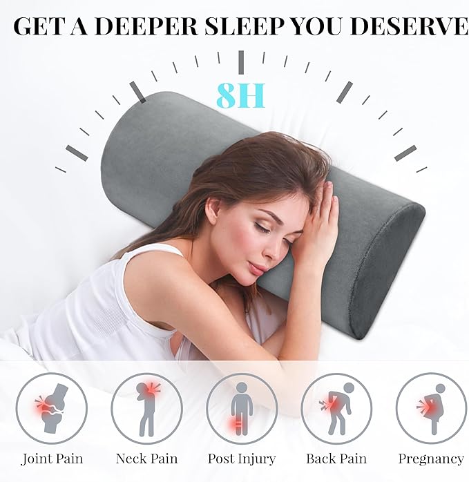 Large Knee Pillow for Side Sleepers Memory Foam Leg Pillows for Sleeping Yoga Bed Half Moon Bolster Pillow for Neck Pain Relief with 2 Pillowcases 23.6"x8.7"x5"(Grey+Green, Extended Size)