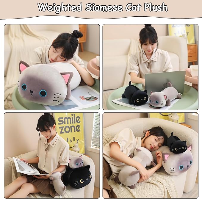 SQEQE Weighted Siamese Cat Plush, Weighted Siamese Cat Stuffed Animal for Anxiety, Cute Siamese Cat Plushies Soft Siamese Cat Pillow Toy Gift for Kids Adults 9.8 Inch, 0.8 lbs