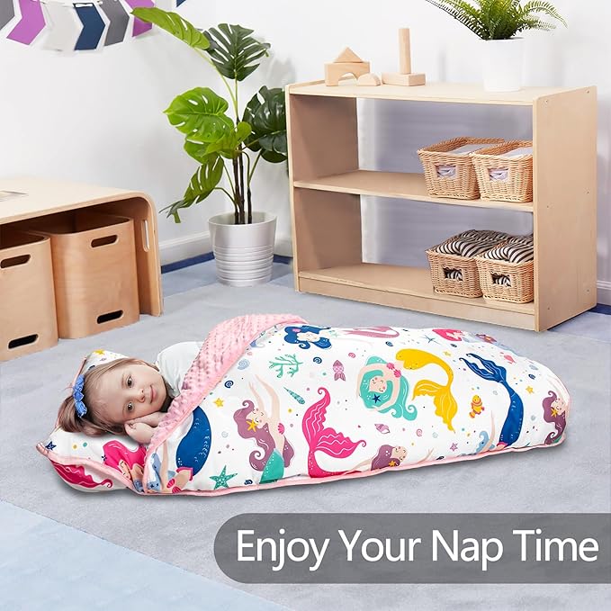 Nap Mat- Toddler Nap Mat with Pillow & Fleece Blanket- 55''*35''*3'' Nap Mat for Toddlers- Nap Mats for Preschool, Daycare