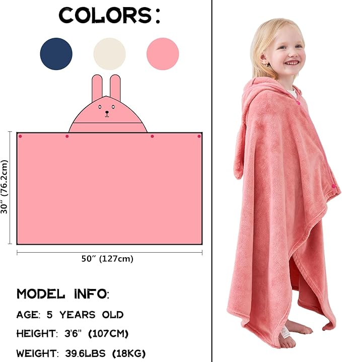 Hiturbo Kids Animal Hooded Towel: Soft Plush Fleece Blanket - 50"x30" Swim Cover Up - Pool Beach Bath Towel Wrap for 3-12 Yrs (Pink Rabbit)