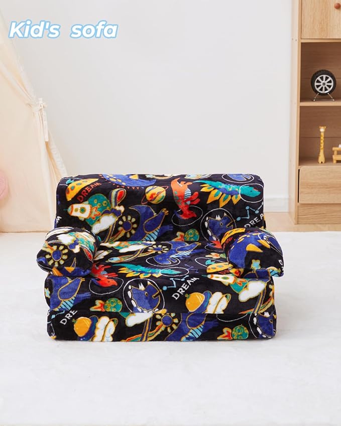Weighted Idea 2-in-1 Kids Sofa Couch Fold Out for Girls and Boys, Folding Toddler Chairs Comfy Children Couch Baby Recliner, Convertible Sofa to Lounger(Blue Dinosaur, 23.5x18x16 inches)
