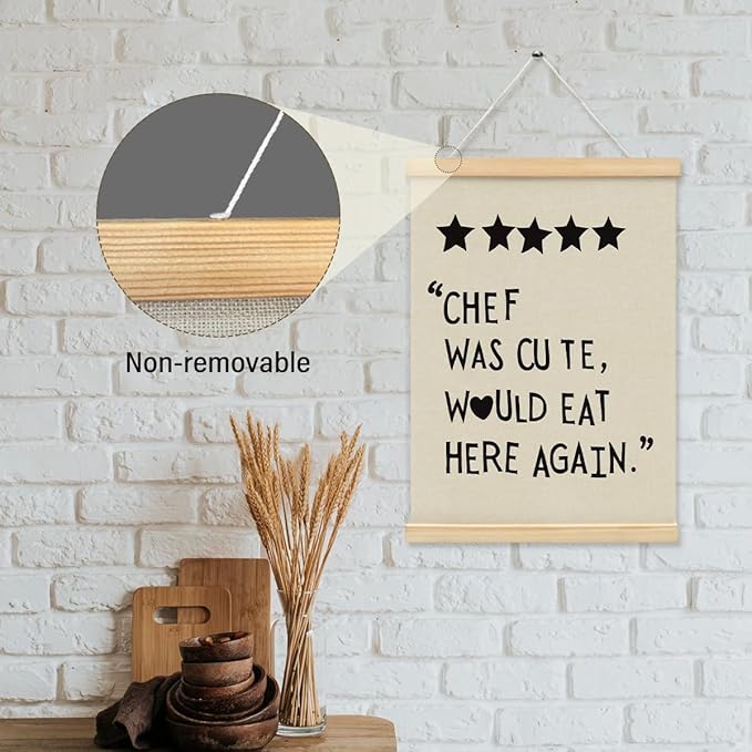 BIWSHA Cute Kitchen Canvas Poster Framed Hanger 12x16 Inch,Funny Five Star Rating Poster,Black Kitchen Quotes Decor Chef Was Cute Print, Chef Signs Decoration Trendy Cooking Art