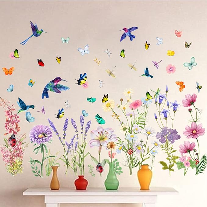 Garden Flower Wall Decals Window Clings, Narcissus Iris Florals Window Decals Peel and Stick, Green Leaves Wall Vinyl Decal, Butterfly Bouquet Wall Art Decor for Girls Bedroom Window Doors