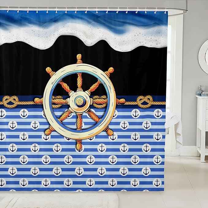 Feelyou Anchor Decor Shower Curtain 72"x78" Kids Nautical Bathroom Shower Curtain Set for Boys Girls Teens Black Blue Ocean Wave Bath Curtain Marine Theme Compass Print Bathroom Accessories