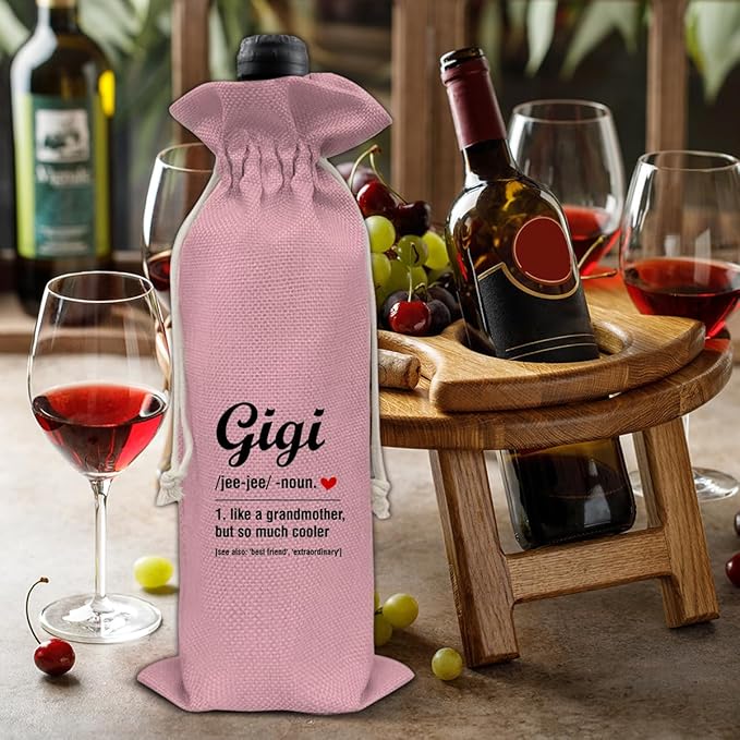 HOIJAUMAI Gigi Gifts for Grandma, Grandma Gift From Granddaughter Grandson, Grandma Wine Bag Gigi Definition Wine Gift Bags (Pink)