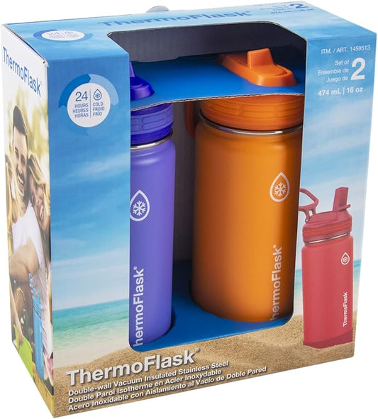 ThermoFlask 16 oz Double Wall Vacuum Insulated Stainless Steel 2-Pack of Water Bottles, Purple/Orange