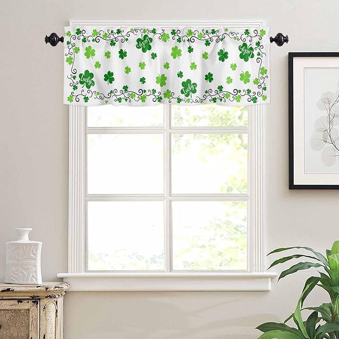 St. Patrick's Day Kitchen Curtains and Valances Set, Green Shamrock Irish Clover Window Tiers Seasonal Spring Holiday Half/Short Curtains for Small Windows Cafe /Living Room/ Bedroom 54x24 in