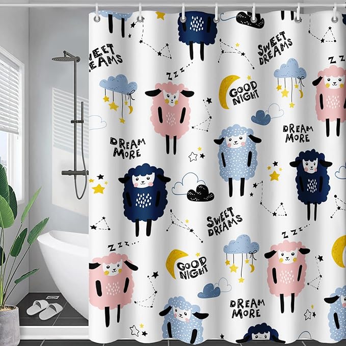 AILONEN Cute Sheep Shower Curtain for Bathroom,Constellation Star Clouds Printed Bath Curtain,Blue Pink Sheep Kids Curtain Waterproof with 2 Plastic Hooks 72" W*96" H
