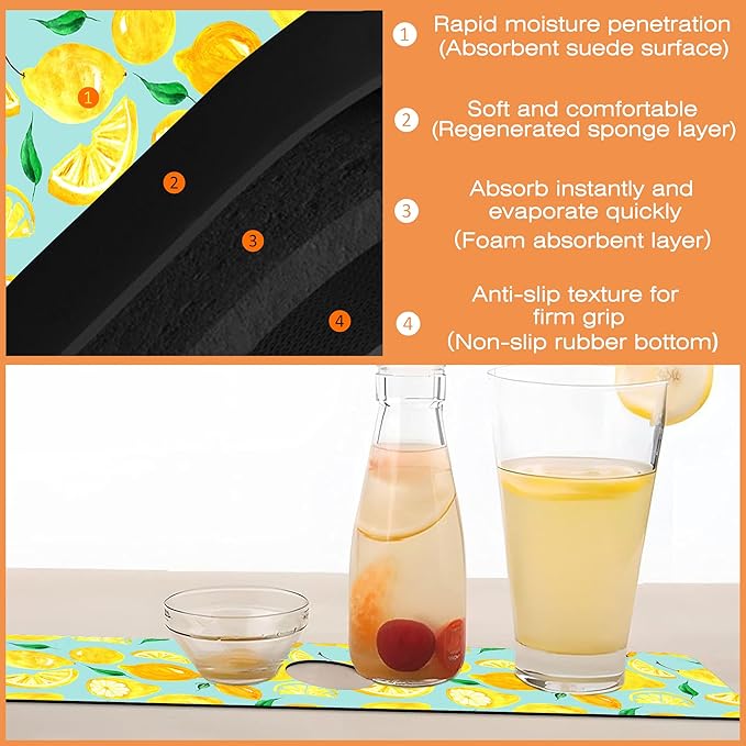 Kitchen Sink Splash Guard Faucet Mat Watercolor Lemon Citrus Sink Splash Guard Behind Faucet,1 PC Soft Diatom Mud Non-Slip Mat-for Kitchen,Dish Drying Mat,Bathroom Faucet Mat 23.5""X5.5""