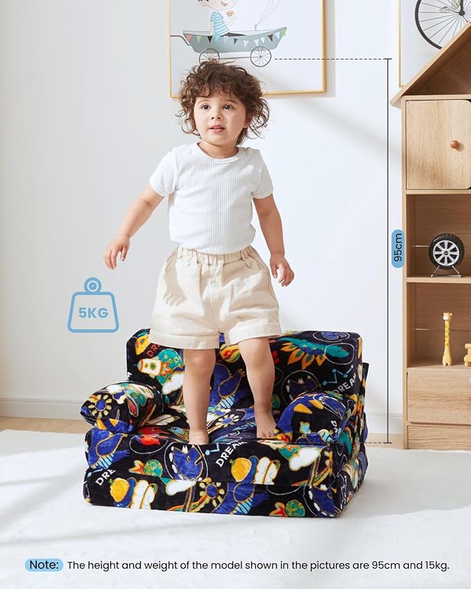 Weighted Idea 2-in-1 Kids Sofa Couch Fold Out for Girls and Boys, Folding Toddler Chairs Comfy Children Couch Baby Recliner, Convertible Sofa to Lounger(Blue Dinosaur, 23.5x18x16 inches)