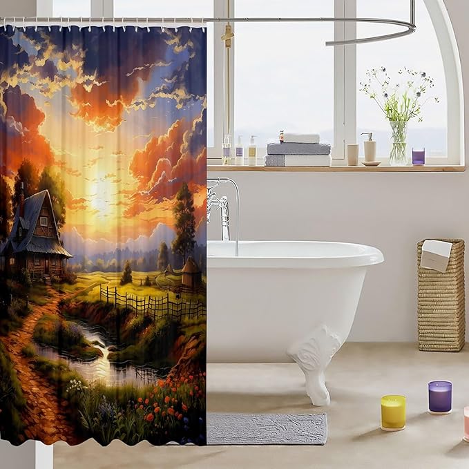 Feelyou Western Farmhouse Fabric Shower Curtain Kids Farmhouse Bathroom Waterproof Accessories with 12 Hooks for Boys Girls Sunset Shower Curtain Nutrue Theme Curtains,72x84 Inches