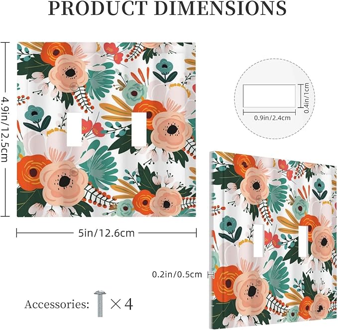 Rustic Floral Boho Colorful Flower Double Toggle Light Switch Covers 2 Gang Wall Plate Dual Decorative Switchplate Electrical Faceplate for Farmhouse Bathroom Bedroom Kitchen Decor