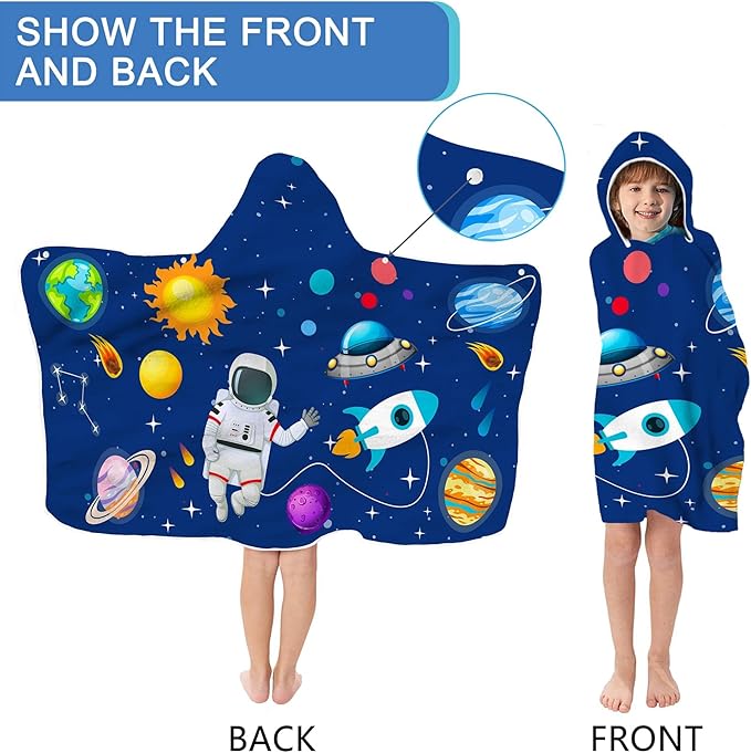 Spaceman Hooded Beach Towel for Kids, Cute Space Man Bath Towel with Hood, Boy Microfiber Super Absorbent Soft Poncho Bathrobe for Swin Pool 30" x 50”