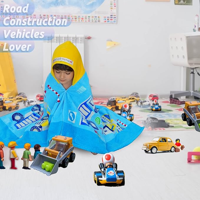 VOOVA & MOVAS Kids Towels Age 3-10, Soft | Thick | 100% Cotton, Large Absorbent Beach, Bath, Pool, Swim Towels | Cover up for Boys | Excavator Vehicle