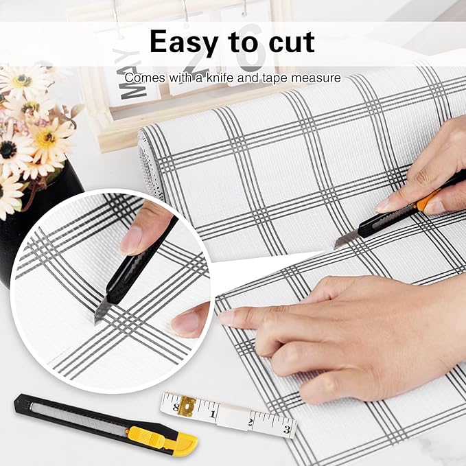 Shelf Liner,Drawer Liner for Kitchen Cabinet,12 in x 10 FT Cabinet Liners Non-Adhesive Non-Slip Contact Paper Waterproof Kitchen Liner Protect Desks, Cupboard with Knife and Tape Measure