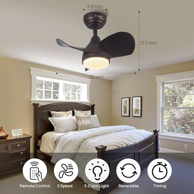 Ceiling Fans with Lights, Modern Ceiling Fan with Lights Remote Control, Flush Mount Ceiling Fan with LED Light, Reversible Quiet DC Motor for Bedroom Living Room(20 Inches)