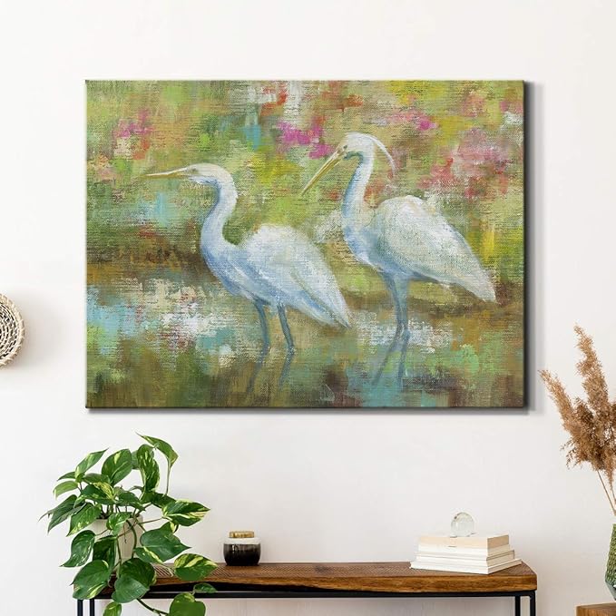 Renditions Gallery Canvas Nature Wall Art Modern Paintings Decorations Elegant White Egrets Abstract Multicolored Bontanical Wall Hanging Artwork for Bedroom Office Kitchen - 32"x48" LT33
