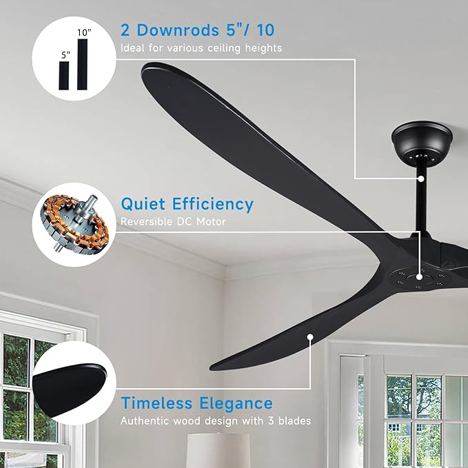 Bigzone 88" Large Black Ceiling Fan With Remote Control, DC Motor Quiet Energy Saving,3 Black Balsa Wood Blades,Outdoor/Indoor Ceiling Fan With Reversible Blades