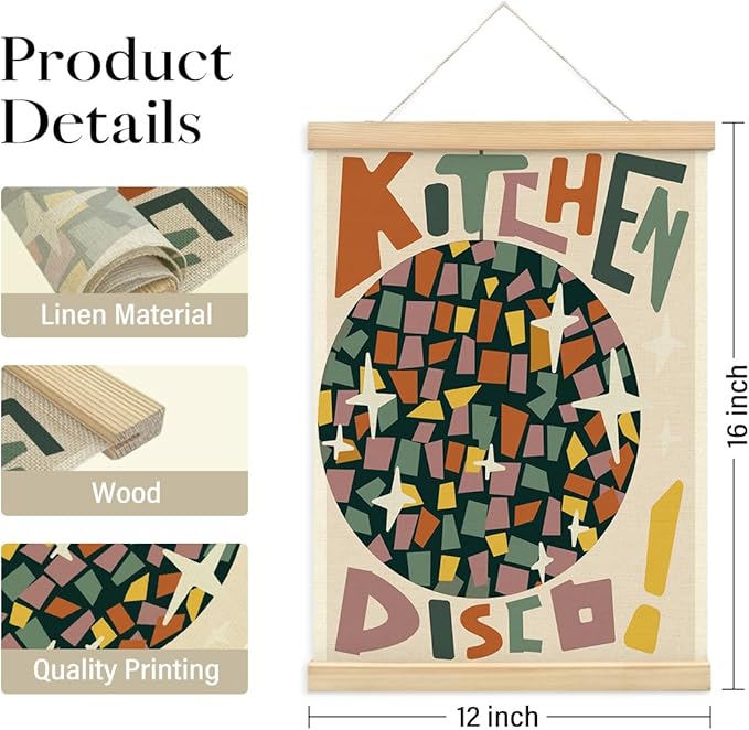 BIWSHA Kitchen Disco Posters Retro Preppy Disco Ball Canvas Poster Framed Hanger 12x16 Inch,Trendy Funny Disco Poster Framed with Wood Hanger for Home Kitchen