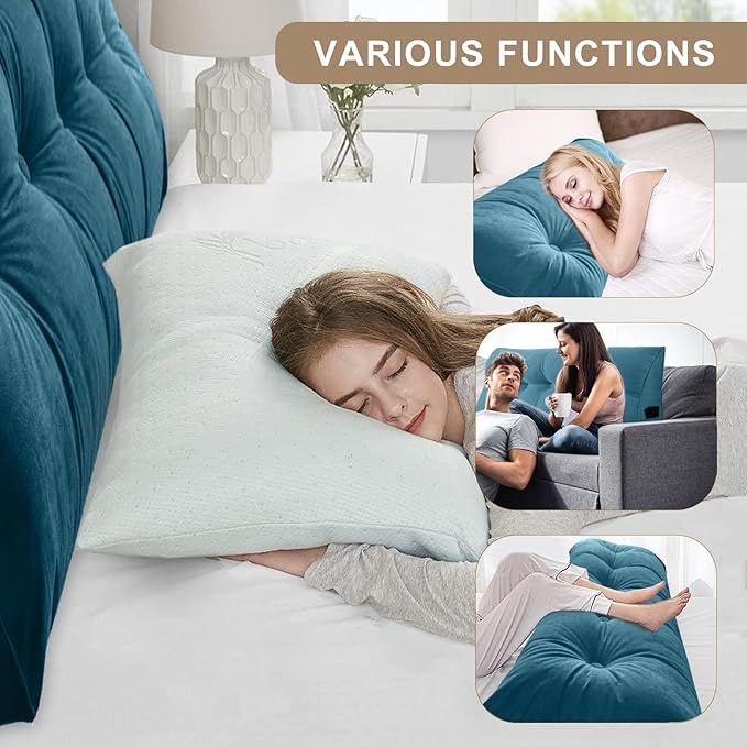 Large Triangular Headboard Pillows Long Backrest Positioning Support Bolster Cushion for Daybed Fluffy Quality Plush Body Wedge Pillow with Removable Cover(Navy blue-King-76x8x20in)