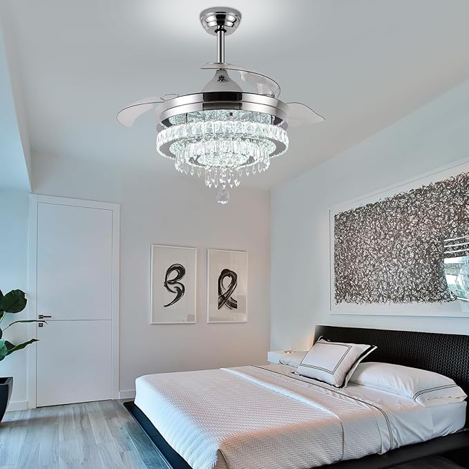 LEONTYNE 42" Modern Fandeliers Chandelier Ceiling Fan LED Dimmable Crystal Ceiling Fan with Light and Remote 6 Speed 3 Blades Retractable Fans for Bedroom Living Dining Room (APP & Timing)