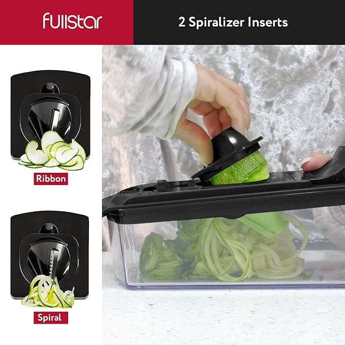Fullstar Vegetable Chopper - Food Chopper - Onion Chopper - Vegetable Slicer & Spiralizer - Veggie Chopper with Container - Kitchen Gadgets - Home Essentials - Kitchen Accessories (9 in 1, Black)