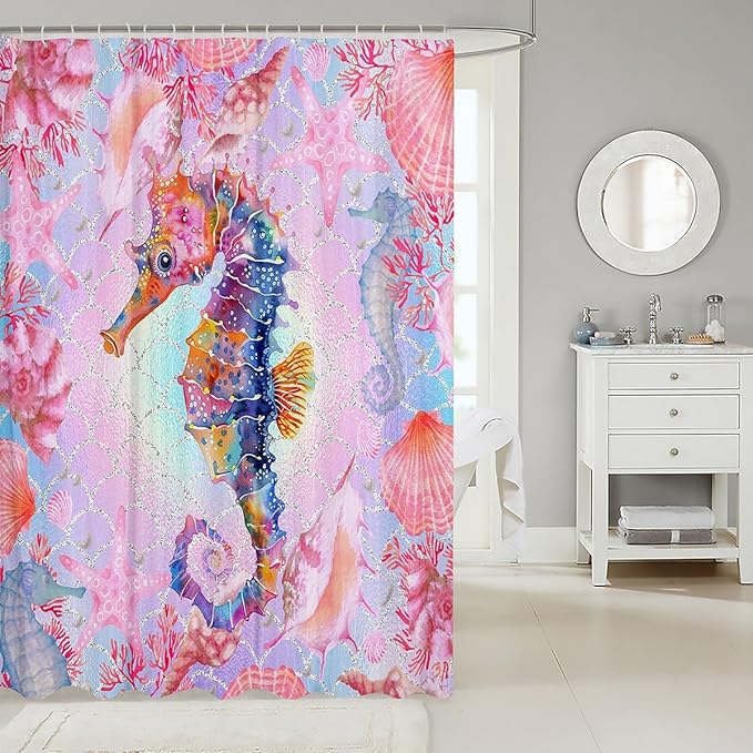 Feelyou Colorful Seahorse Shower Curtain Ocean Themed Fabric Shower Curtain for Kids Shells and Corals Bathroom Waterproof Accessories with 12 Hooks Pink and Blue Ombre Curtains,72X84 Inches