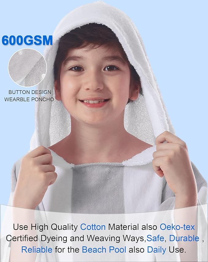VOOVA & MOVAS Big Kids Hooded Bath Towels - Girl | Teens Pool Towel Poncho Towel Robe (8-16Years), Large Thick and Absorbent Cotton - Versatile for Pool, Swim, and Bath, Grey and White Wide Cabana