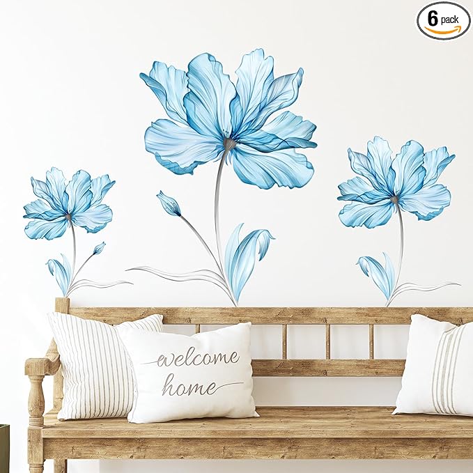Zonon Flowers Wall Decals Vinyl Dragonflies Flowers Wall Stickers Removable Floral Wall Murals Peel and Stick Colorful Flower Wall Decor for Bedroom Living Room Nursery(Blue Flower)