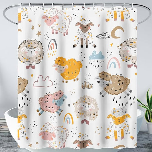 AILONEN Cute Sheep Kids Shower Curtain for Bathroom,Sheep Moon Clouds Kids Creative Rainbow Waterproof Bath Curtain,Modern Minimalist White Curtain with 12 Plastic Hooks(36" W*72" H)